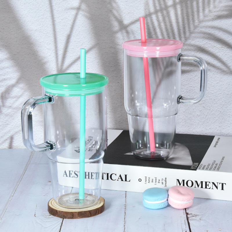 Stocked 20oz Clear Plastic Tumbler Colorful Lid UV DTF Sticker Wrap Coffee Cup 600ml Plastic Travel Mug With Handle Straw