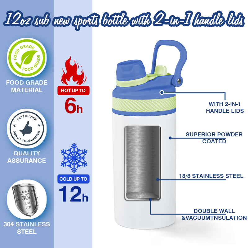 US Warehouse 12OZ Sublimation Gym Sport School Vacuum Insulated Children Kids Water Bottle Flat Tumbler With 2 in 1 Straw Lid