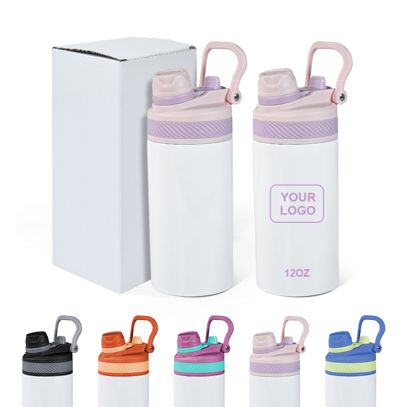 US Warehouse 12OZ Sublimation Gym Sport School Vacuum Insulated Children Kids Water Bottle Flat Tumbler With 2 in 1 Straw Lid
