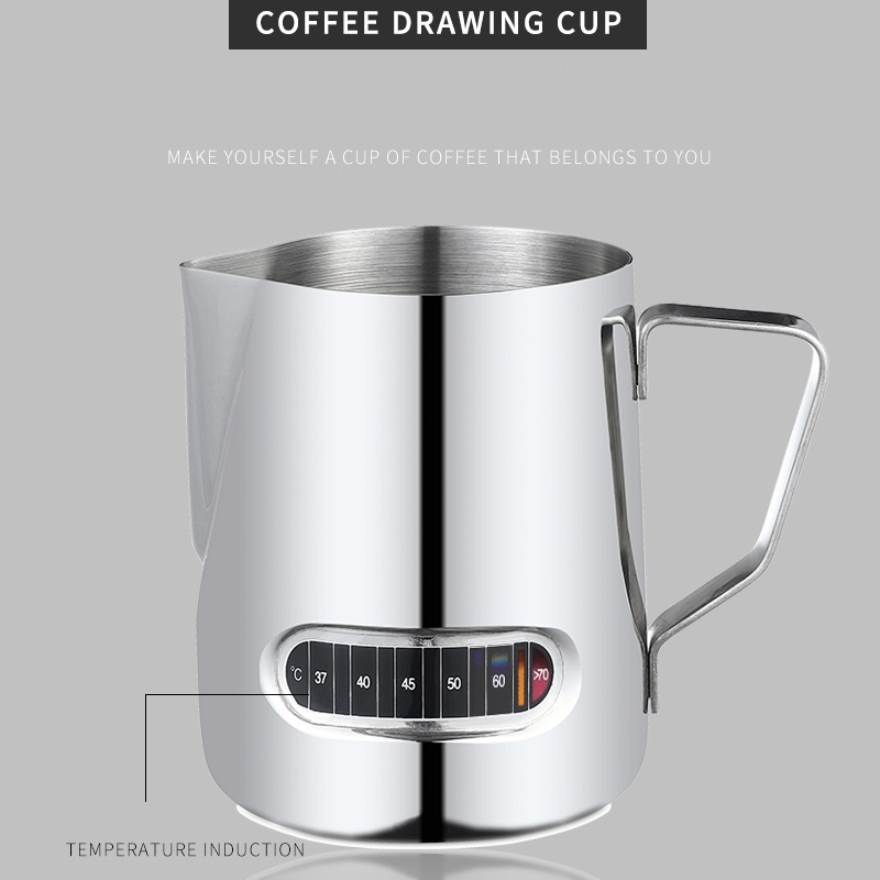 Custom Logo 600ml Milk Frothing Pitcher Food Grade Stainless Steel Coffee Drawing Cup Milk Jug with Handle Temperature Induction