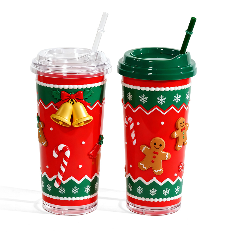 Wholesale 30oz Plastic Cup Single Wall Clear PS Christmas Decoration Tumbler Portable Mug with Plastic Straw for Customization