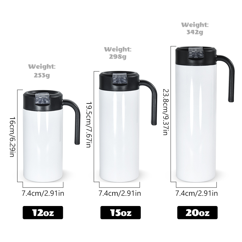 12oz 15oz 20oz Sublimation Blank Tumbler with Straw Lid and Handle Stainless Steel Travel Mug Leak Proof Ice Coffee Thermal Cup