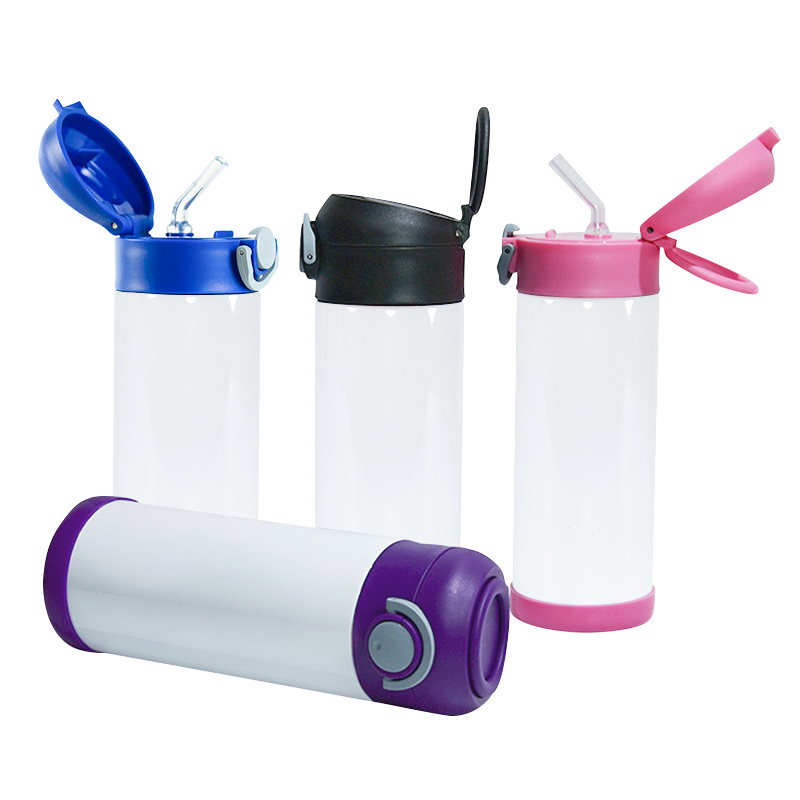 RTS USA Warehouse 50pcs/Ctn 12oz Sublimation Tumbler Stainless Steel Kids Cup Water Bottle With Colorful Flip Top Mix Color Lids