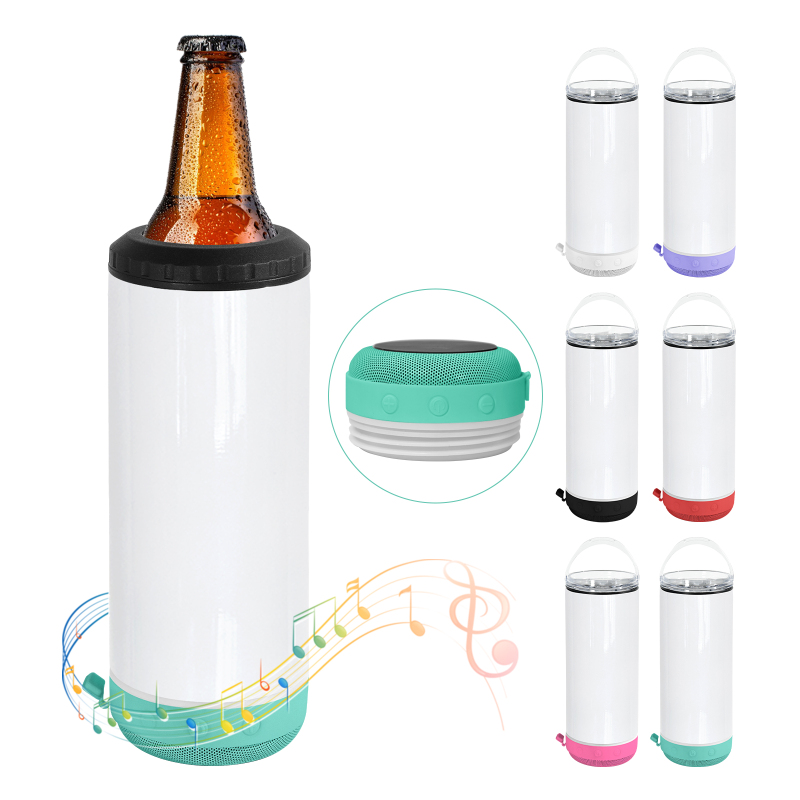16oz Sublimation Music Tumbler Cup 4 in 1 Can Cooler with Speaker Stainless Steel Vacuum Insulated Beer Can Cooler