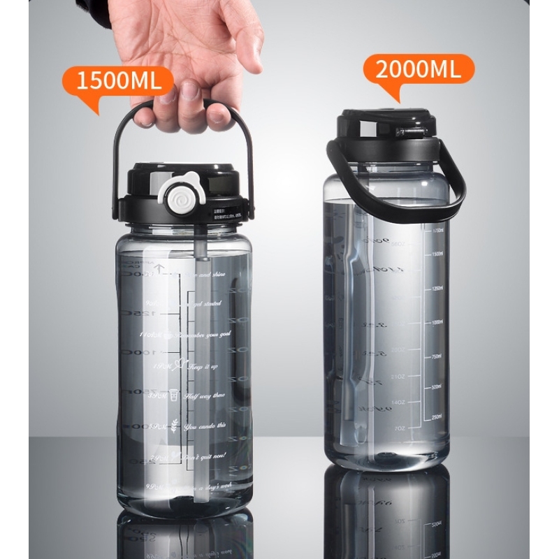 Reusable 50oz 64oz Plastic Water Bottle 2 In1 Straw Chug Lid BPA Free Big Travel Gym Drinking Water Jug Leakproof Time Marker