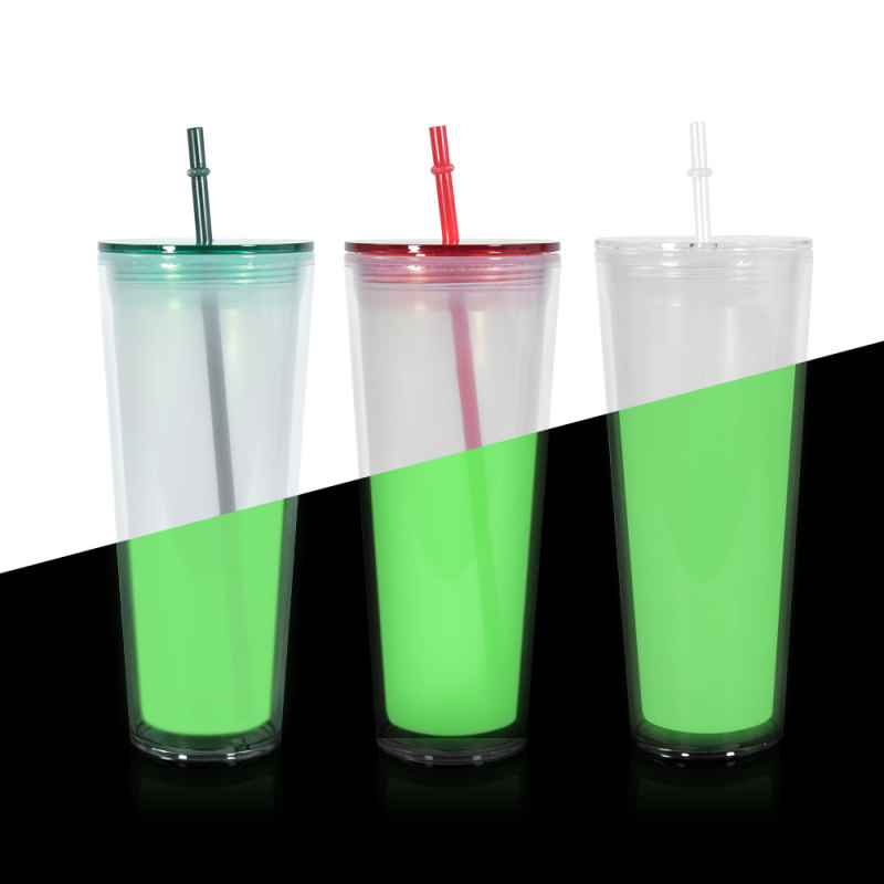 Halloween GLOW in Dark 24oz Double Wall Acrylic Tumblers for Snow Globe Cups with Pre Drilled Hole Lids Straws and Hole Stopper