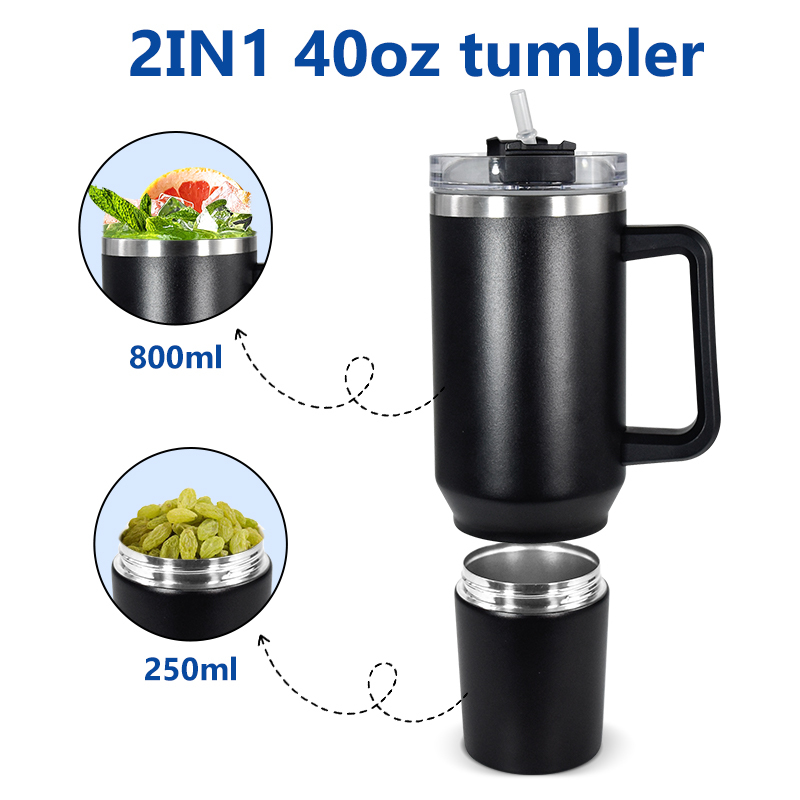 Custom Logo Stainless Steel Insulate 40oz H2.0 Cup Tumbler with Snack Ice Storage Compartment Mugs with Handle Water Bottle