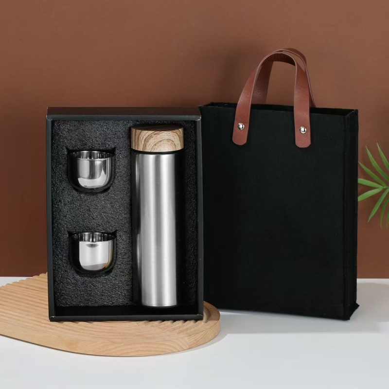 Custom Logo Stainless Steel Vacuum Insulated Flask with Wood Pattern Lid Espresso Coffee Cup Tea Cups Gift Set