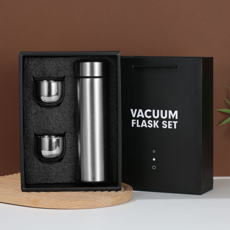 Custom Logo Stainless Steel Vacuum Insulated Flask with Wood Pattern Lid Espresso Coffee Cup Tea Cups Gift Set