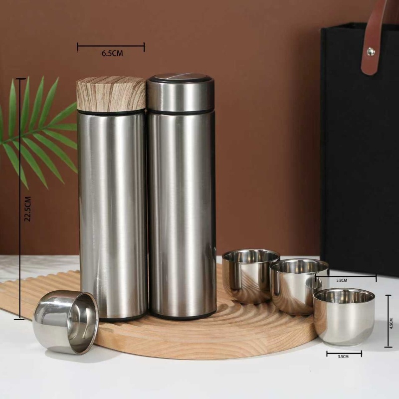 Custom Logo Stainless Steel Vacuum Insulated Flask with Wood Pattern Lid Espresso Coffee Cup Tea Cups Gift Set