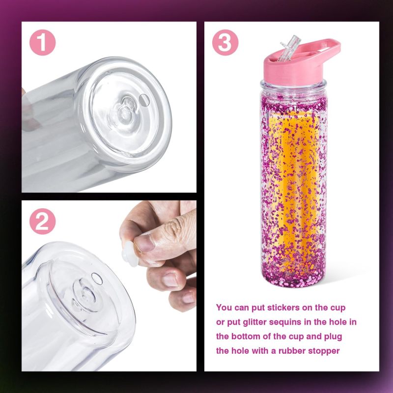 RTS Pre-drilled 17oz Double Walled Snow Globe BPA Free Students Acrylic Water Bottles with Plug Flip Straw for Kids Tumblers