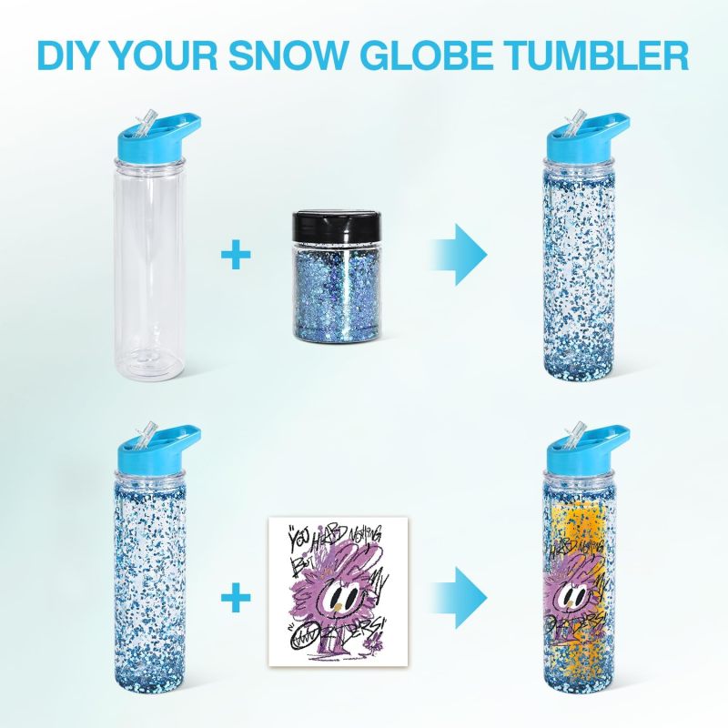 RTS Pre-drilled 17oz Double Walled Snow Globe BPA Free Students Acrylic Water Bottles with Plug Flip Straw for Kids Tumblers