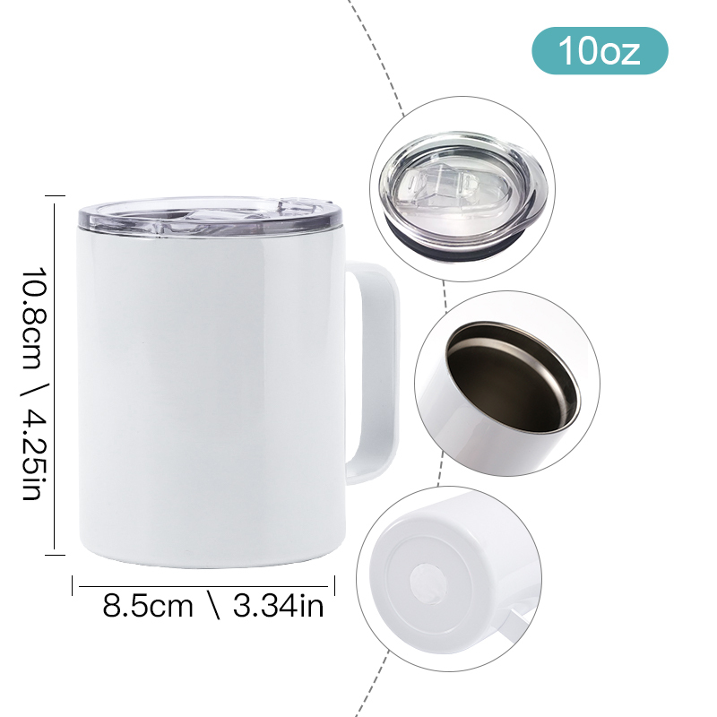 Free Shipping USA Warehouse RTS 25pcs/ctn 10oz Sublimation Stainless Steel Travel White Coffee Mug with Handle Clear Slide Lid