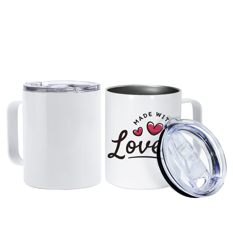 Free Shipping USA Warehouse RTS 25pcs/ctn 10oz Sublimation Stainless Steel Travel White Coffee Mug with Handle Clear Slide Lid
