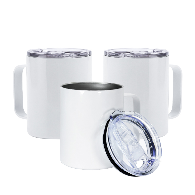 Free Shipping USA Warehouse RTS 25pcs/ctn 10oz Sublimation Stainless Steel Travel White Coffee Mug with Handle Clear Slide Lid