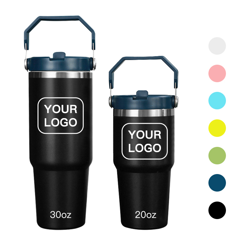 Custom Logo Portable 20oz 30oz Outdoor Leakproof Stainless Steel Flip Straw Insulated Travel Coffee Cup Tumbler with Handle