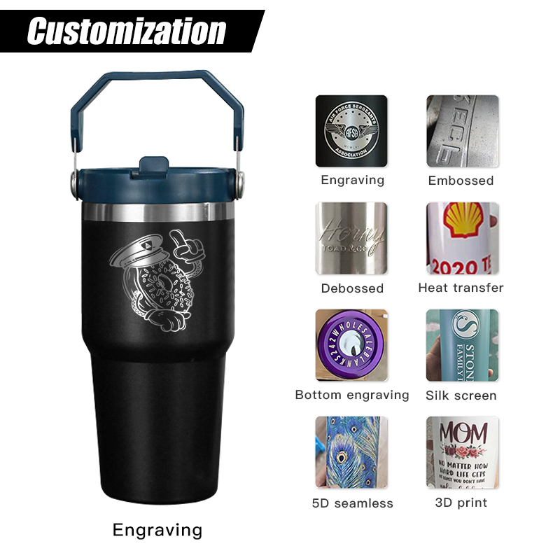 Custom Logo Portable 20oz 30oz Outdoor Leakproof Stainless Steel Flip Straw Insulated Travel Coffee Cup Tumbler with Handle