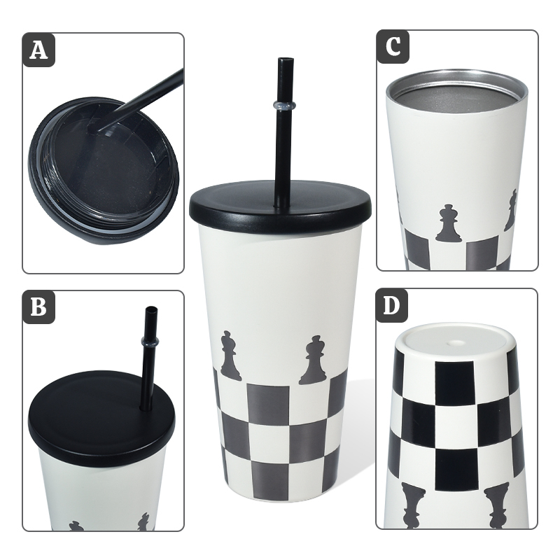 Custom logo 450ml Double Wall Stainless Steel Coffee Cup with Plastic Straw and Metal Lid 16oz Portable Tumbler