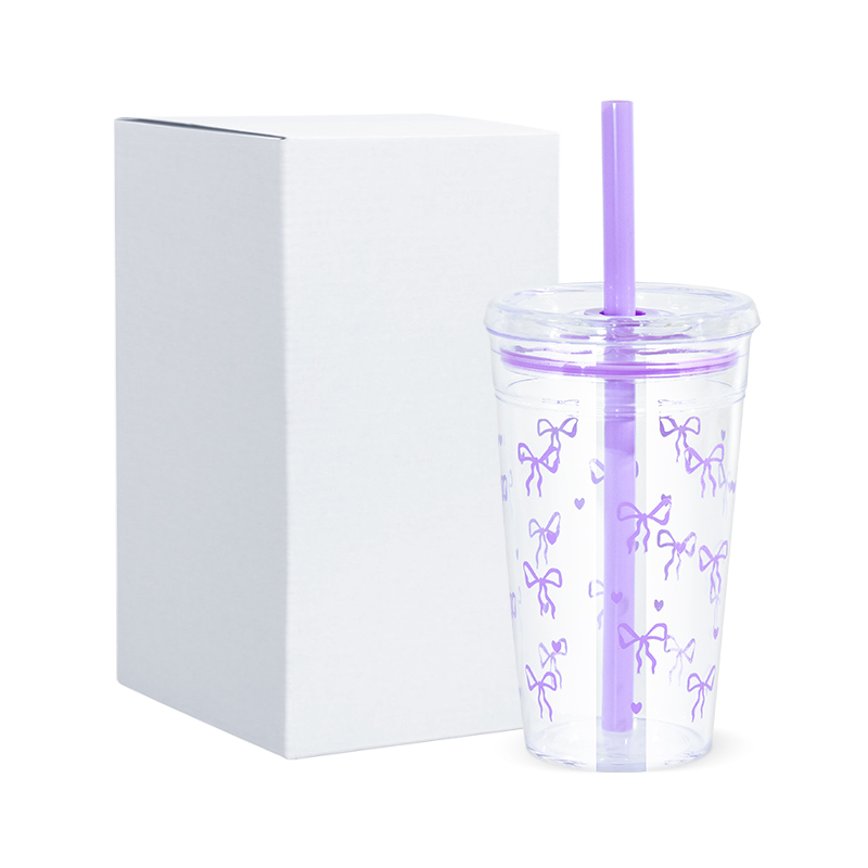 450ml Single Wall Plastic Cup Mixed Colors Tumbler Reusable Plastic Cups with Colored Straw Bowknot Printed Design