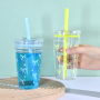 450ml Single Wall Plastic Cup Mixed Colors Tumbler Reusable Plastic Cups with Colored Straw Bowknot Printed Design