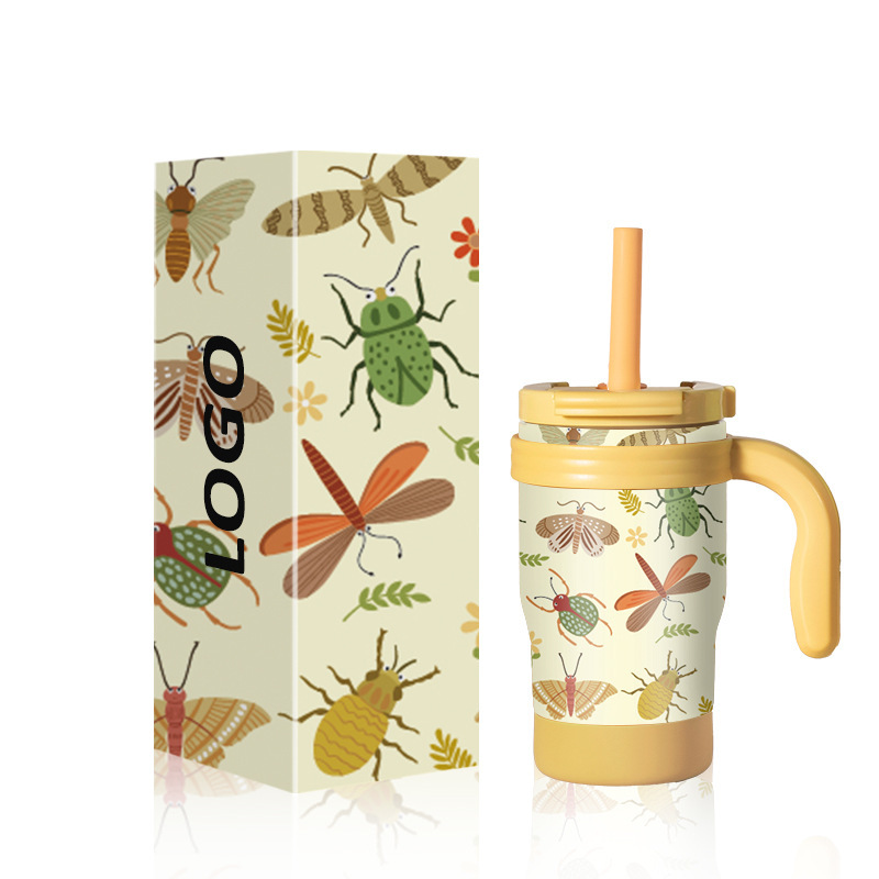 Custom logo Wholesales 14oz Kids Tumbler Double Wall 304 Stainless Steel with New Lid and Handle and Silicone Anti-slip Bottom