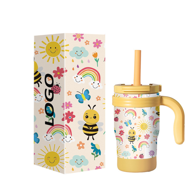 Custom logo Wholesales 14oz Kids Tumbler Double Wall 304 Stainless Steel with New Lid and Handle and Silicone Anti-slip Bottom