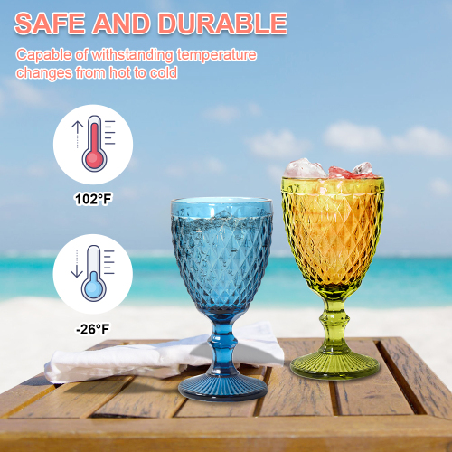 Vintage Glass Goblets 11oz Embossed Stemmed Wine Glasses Multicolor Drinking Glasses for Wine Water Juice Beverage Set of 6