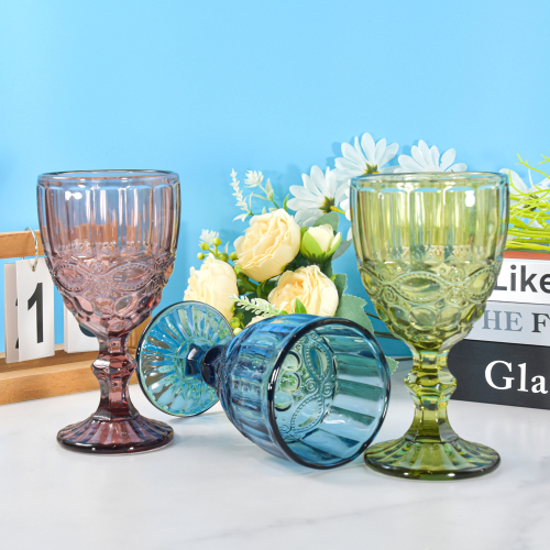 Vintage Glass Goblets 11oz Embossed Stemmed Wine Glasses Multicolor Drinking Glasses for Wine Water Juice Beverage Set of 6