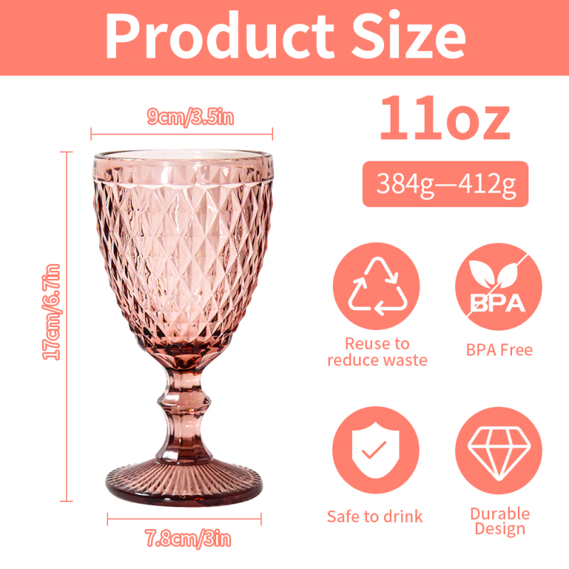 Vintage Glass Goblets 11oz Embossed Stemmed Wine Glasses Multicolor Drinking Glasses for Wine Water Juice Beverage Set of 6