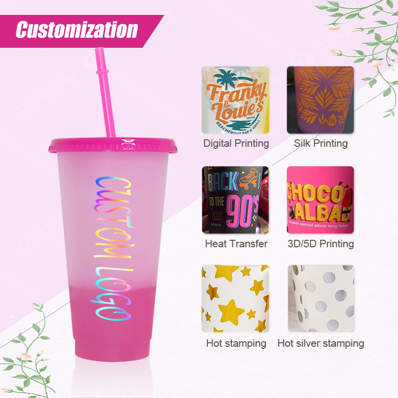 Factory Wholesale Summer Party Cold Cups 16oz 24oz Color Changing Colorful Recyclable Custom Plastic Cups With Straw  Lid