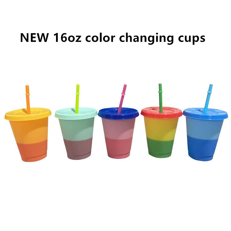 Factory Wholesale Summer Party Cold Cups 16oz 24oz Color Changing Colorful Recyclable Custom Plastic Cups With Straw  Lid