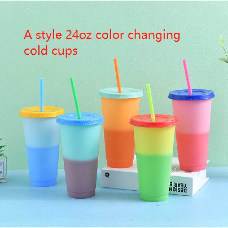 Factory Wholesale Summer Party Cold Cups 16oz 24oz Color Changing Colorful Recyclable Custom Plastic Cups With Straw  Lid