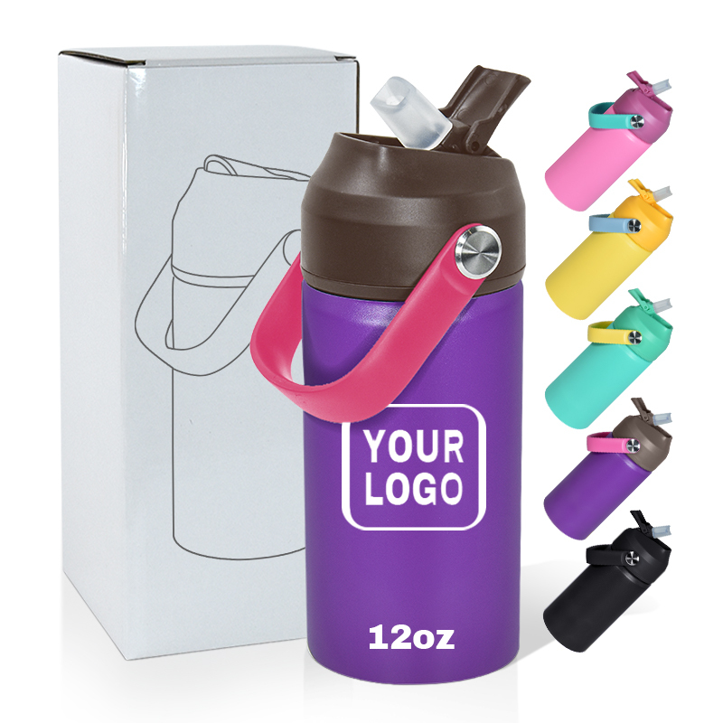 Colorful Kids Bottle 12oz Powder Coated Tumbler Black Lid Handle Vacuum Flip Top Kid Water Bottle with Handle Straw