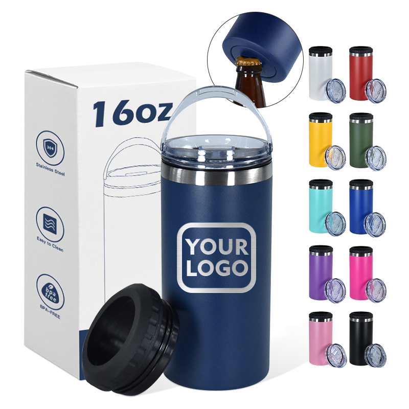 Custom Logo Insulated Beer Beverage 16oz 4 in 1 Skinny Can Cooler Double Wall Stainless Steel Slim Can Cooler with Two Lids