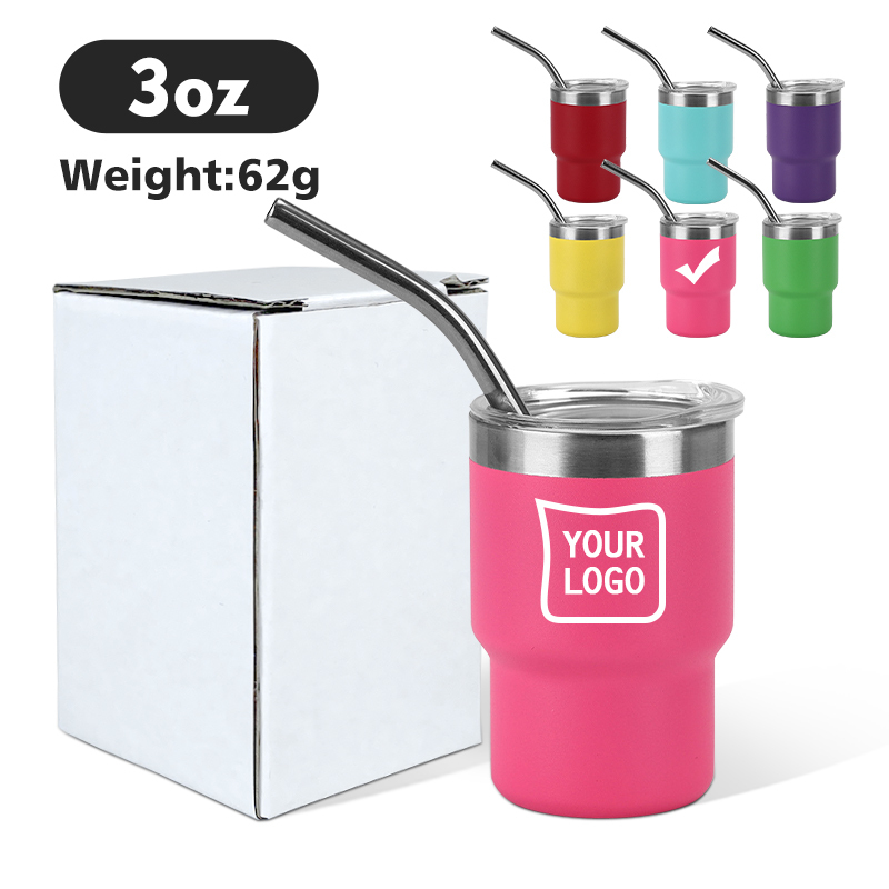 RTS US Warehouse Powder Coated Mini 3oz Mini Stainless Steel Vacuum Tumbler Shot Glass Wine Cup With Lid and Straw 48pcs/ctn