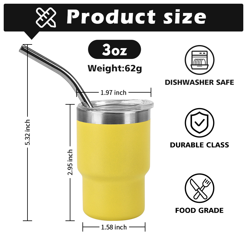 RTS US Warehouse Powder Coated Mini 3oz Mini Stainless Steel Vacuum Tumbler Shot Glass Wine Cup With Lid and Straw 48pcs/ctn