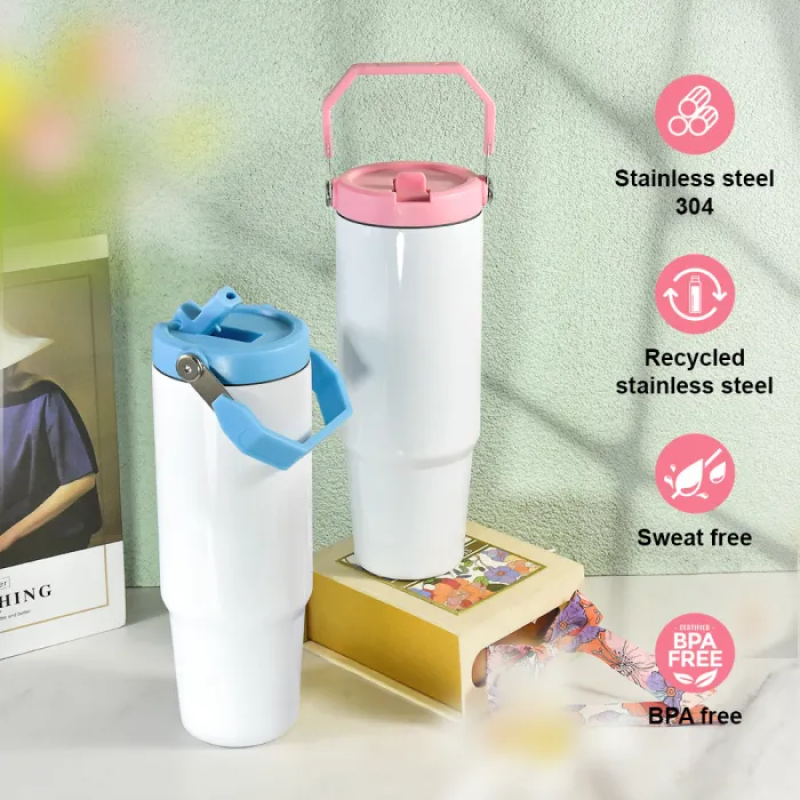 30oz Sublimation Double Wall Stainless Steel Vacuum Tumbler with Colored Sip Handle Lid