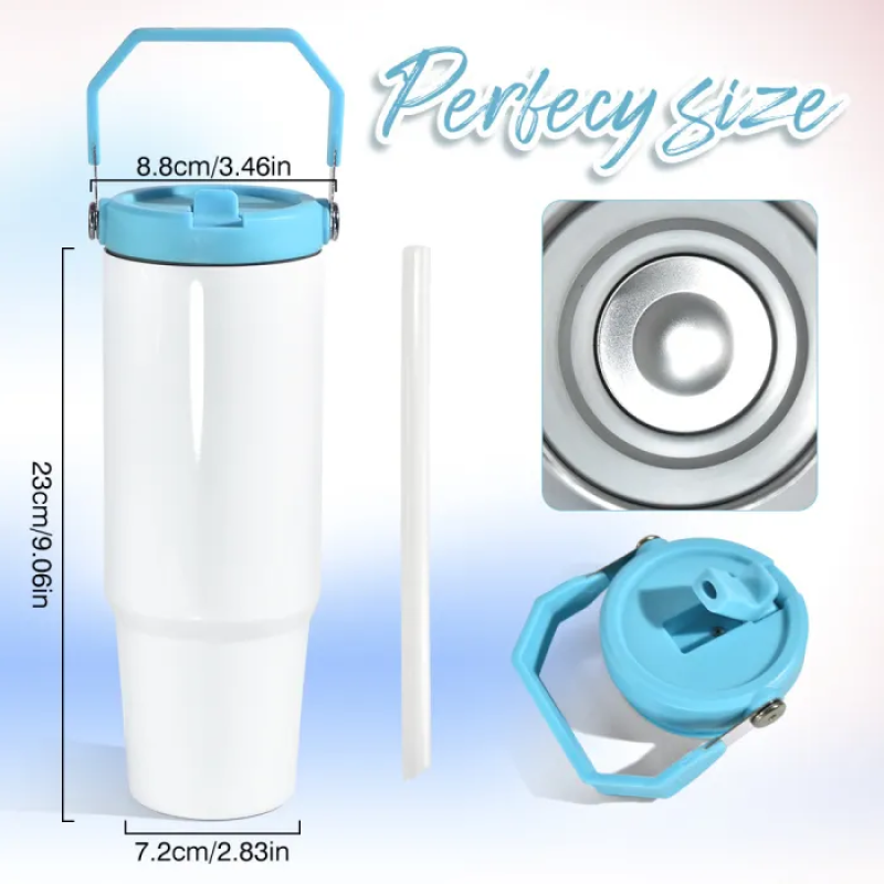 30oz Sublimation Double Wall Stainless Steel Vacuum Tumbler with Colored Sip Handle Lid