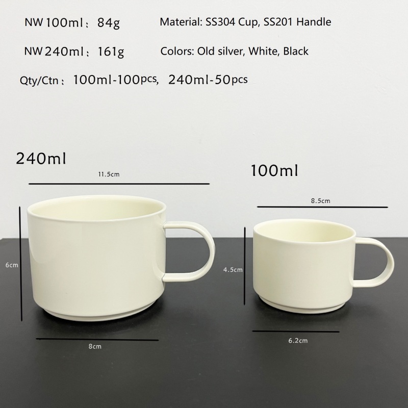 Customized Logo 100ml 240ml Stainless Steel Coffee Mug Spray Painted Double Wall Mini Set Heatproof Coffee Tea Cup with Handle