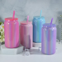 In-stock 16oz Shimmer Glitter Stainless Steel Double Wall Insulated Tumbler Sublimation Blank Colorful Drink Can With Straw