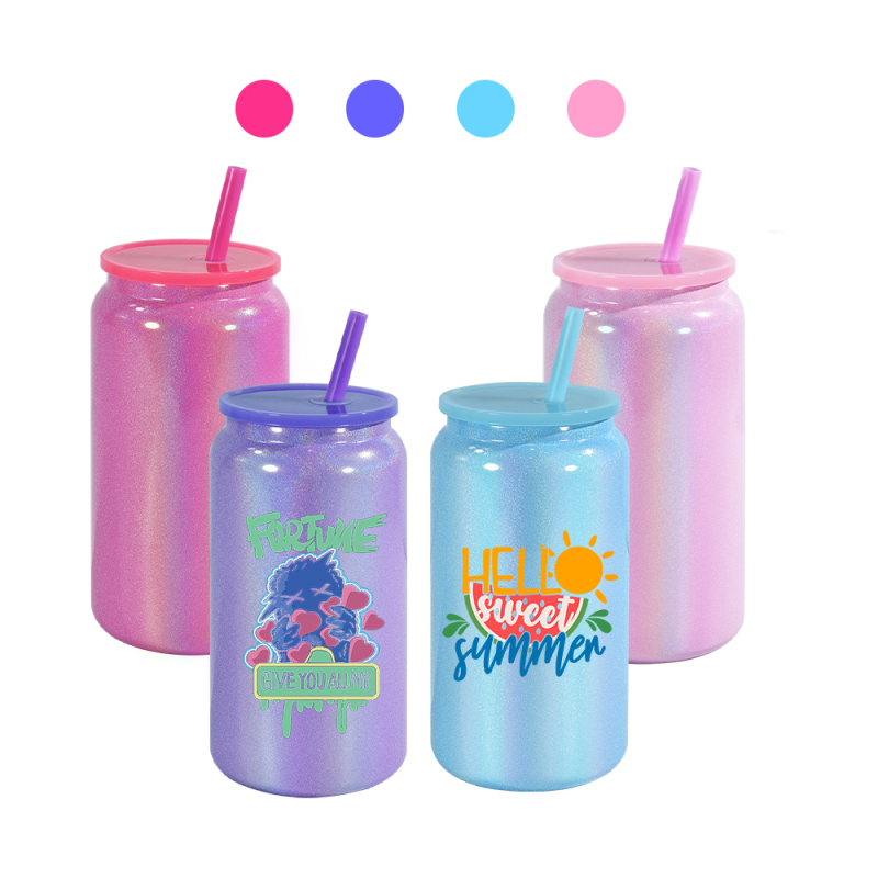 In-stock 16oz Shimmer Glitter Stainless Steel Double Wall Insulated Tumbler Sublimation Blank Colorful Drink Can With Straw