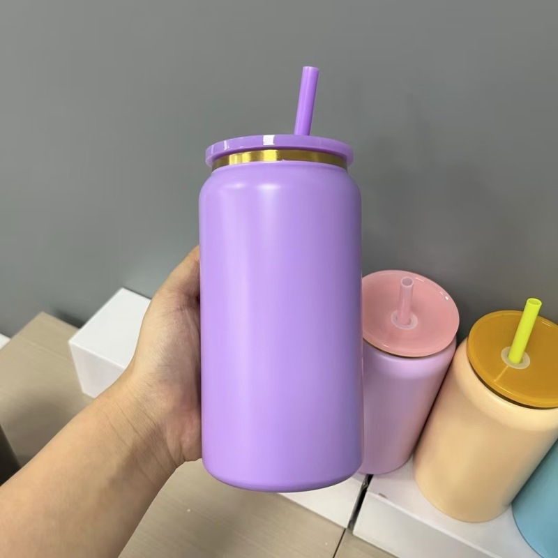 16oz Powder Coated Stainless Steel Double Wall Beer Mugs Tumblers Cups Can Jar Electroplating W/ Gold Plated for Laser Engraving
