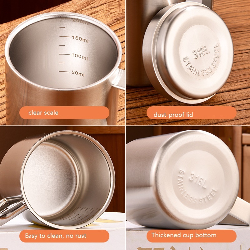200ml Custom Logo Metal Travel Mug 300ml Silver Double Wall Insulated 400ml Coffee 316 Stainless Steel Cup with Lid Scale Handle