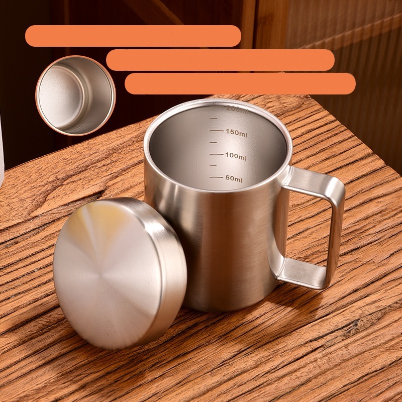 200ml Custom Logo Metal Travel Mug 300ml Silver Double Wall Insulated 400ml Coffee 316 Stainless Steel Cup with Lid Scale Handle