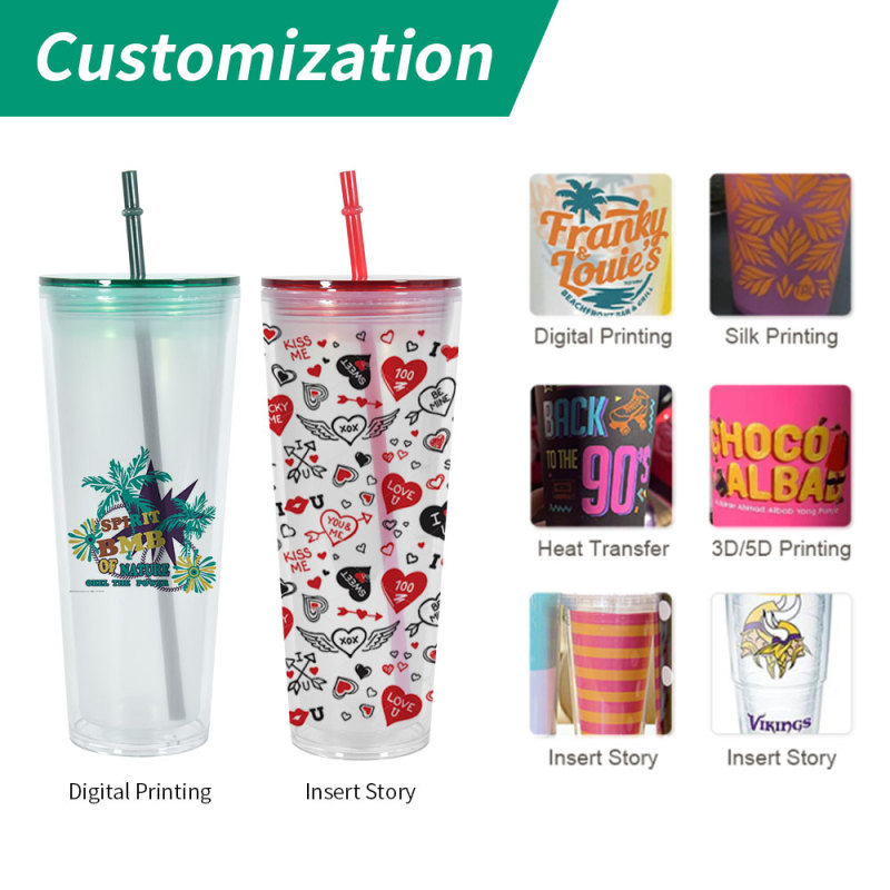 China Warehouse Glow in the Dark Snow Globe Tumbler Double Walled 24oz Pre Drilled Plastic Acrylic Tumbler Blank Cup with Lids