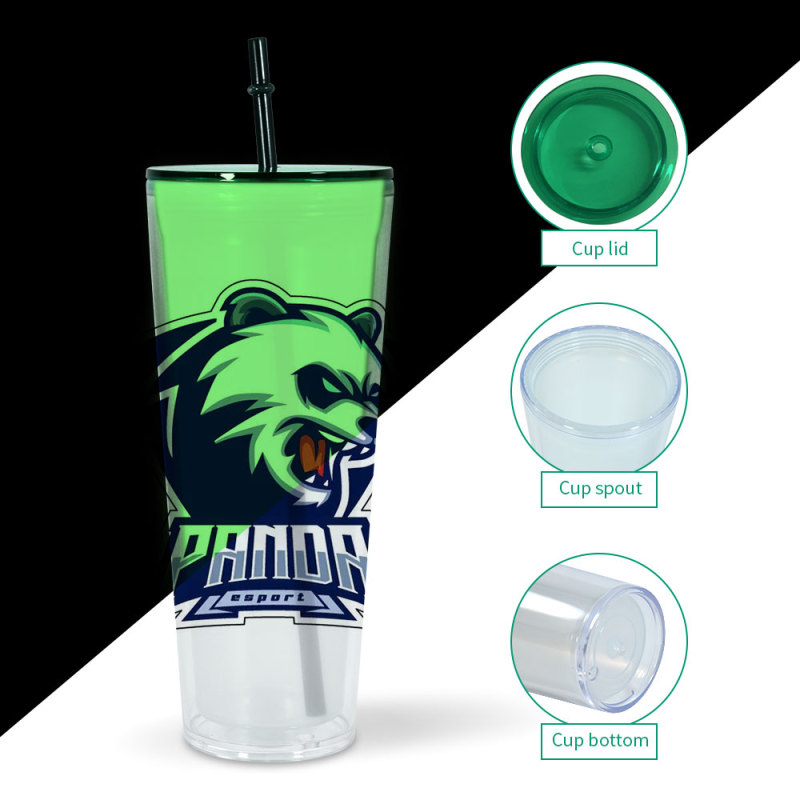 China Warehouse Glow in the Dark Snow Globe Tumbler Double Walled 24oz Pre Drilled Plastic Acrylic Tumbler Blank Cup with Lids