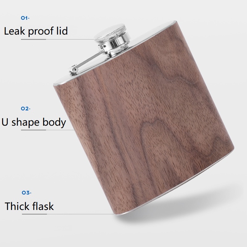 Customized 6oz Portable Stainless Steel SS201 Bottle Vodka Mini Laser Engraving Hip Flasks Pocket Wine Whiskey Wooden Hip Flask