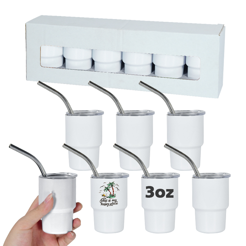 RTS All White 3oz Mini Tumbler Shot Glass With Straw Sublimation Double Layer Metal Cute Shot Glasses Set 3oz With Lids