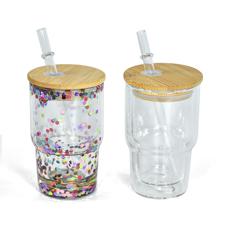 Pre-Drilled 3OZ SUBLIMATABLE GLASS GLITTER SNOW GLOBE SHOT GLASS Double Wall Shot Glasses Mini Tumbler W/ Bamboo Lids