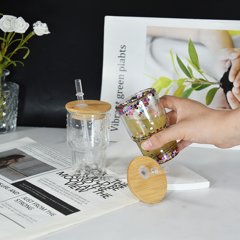 Pre-Drilled 3OZ SUBLIMATABLE GLASS GLITTER SNOW GLOBE SHOT GLASS Double Wall Shot Glasses Mini Tumbler W/ Bamboo Lids
